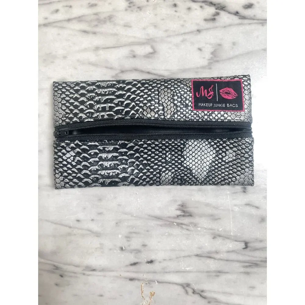 Makeup Junkie Bags Metallic Snakeskin Lay-Flat Cosmetic Pouch Bag Size Mini